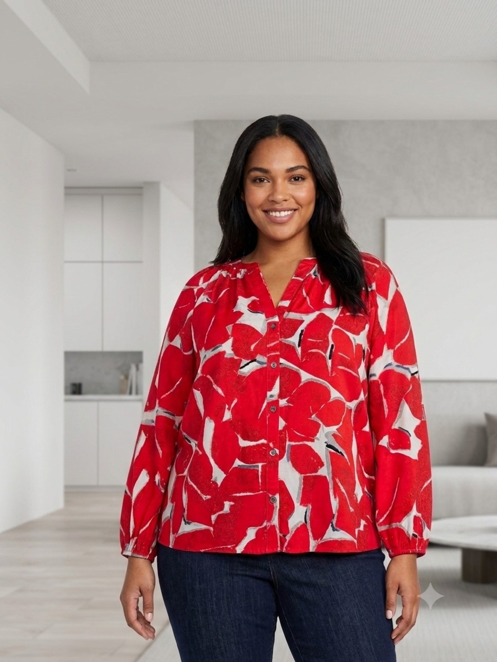 NIC+ZOE Red Abstract Floral Button-Down Blouse